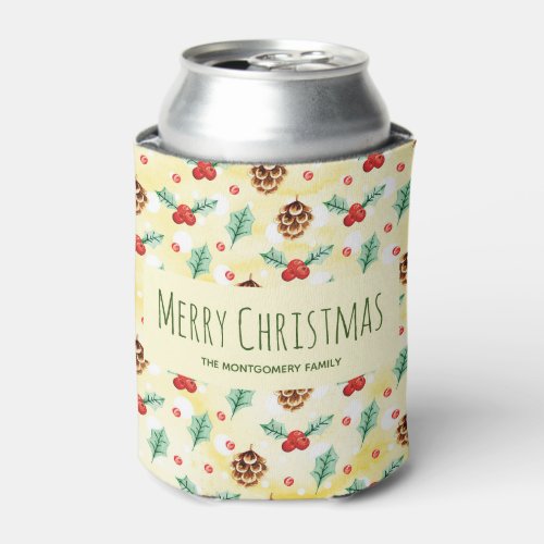 Pine Cones and Holly Pattern Merry Christmas Can Cooler