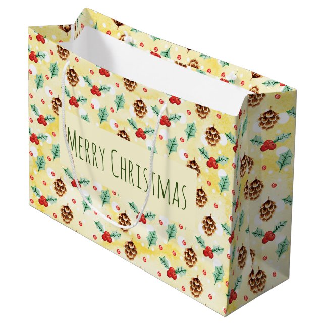 Pine Cones and Holly Pattern Merry Christmas Large Gift Bag (Front Angled)