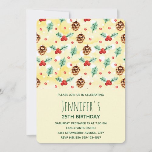 Pine Cones and Holly Winter Pattern Birthday Invitation