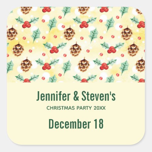 Pine Cones and Holly Xmas Pattern Save the Date Square Sticker
