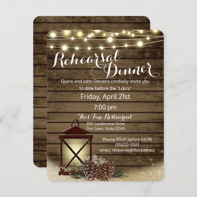 Pine Cones and Lantern Rustic Rehearsal Dinner Invitation (Front/Back)