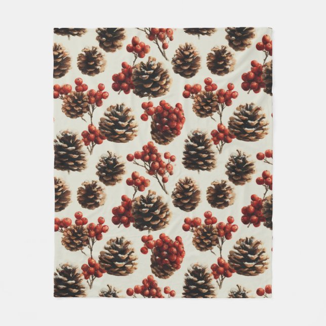 Pine Cones and Red Berries Winter Pattern Fleece Blanket (Front)