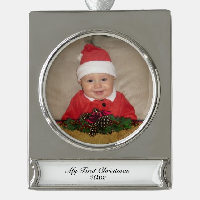 Pine Cones and Ribbon First Christmas Silver Plated Banner Ornament (Front)