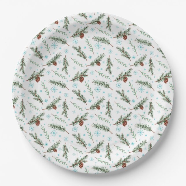 Pine Cones and Snow Flakes Paper Plates (Front)