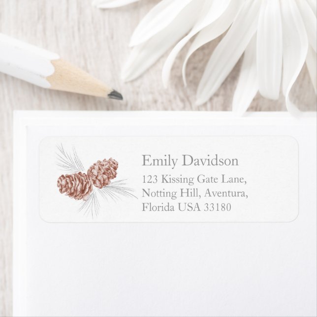 Pine cones art brown grey wedding reply labels (Insitu)