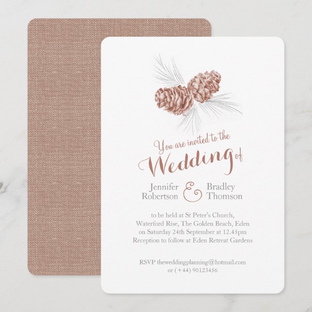 Pine cones art brown grey winter wedding invites (Front/Back)