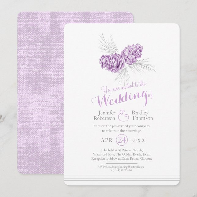 Pine cones art drawing purple grey wedding invitation (Front/Back)