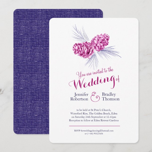 Pine cones art plum navy winter wedding invites (Front/Back)