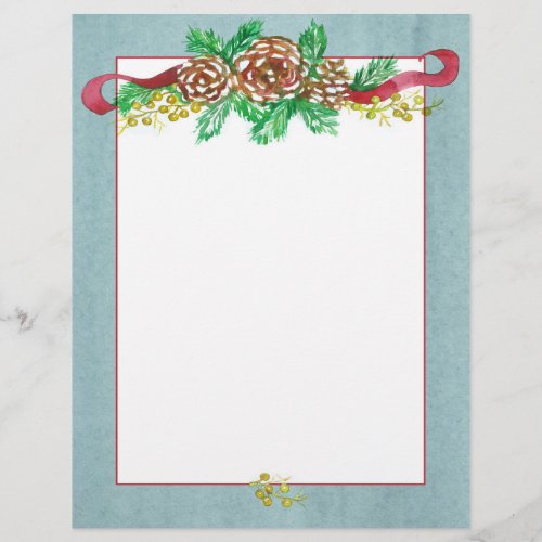 Pine Cones Berries Gray Christmas Letter Letterhead