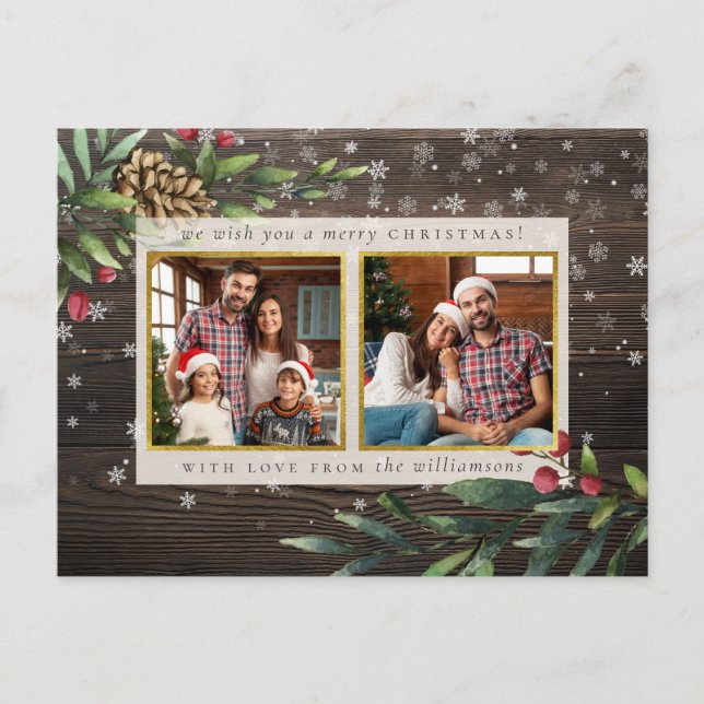 Pine Cones & Berries | Rustic Wood Christmas Photo Postcard (Front)