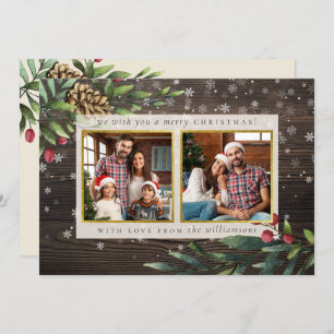 Pine Cones & Berries Wood & Gold Christmas Photo Invitation