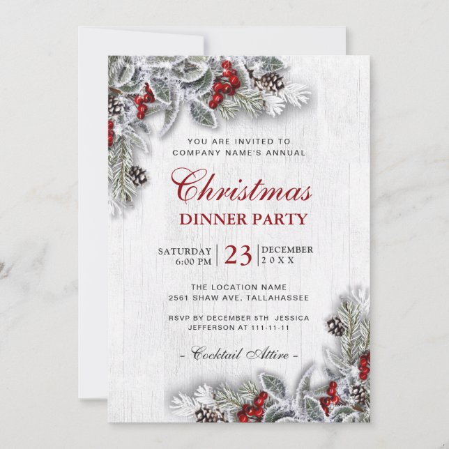 Pine Cones Branch Rustic Christmas Dinner Party Invitation (Front)