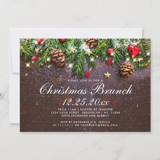 Pine Cones Branch Rustic Holiday Christmas Brunch Invitation (Front)