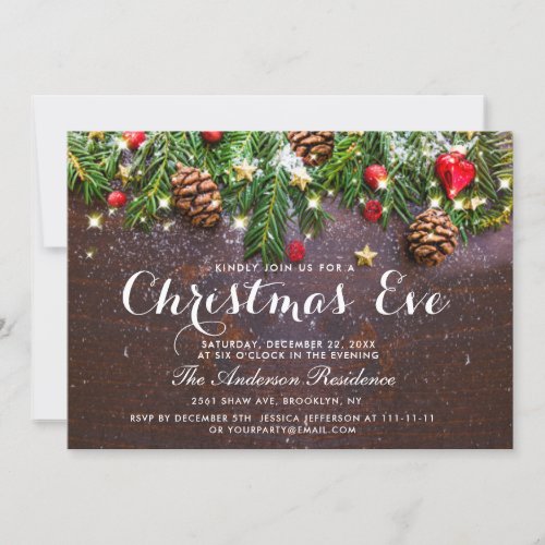 Pine Cones Branch Rustic Holiday Christmas Eve Invitation