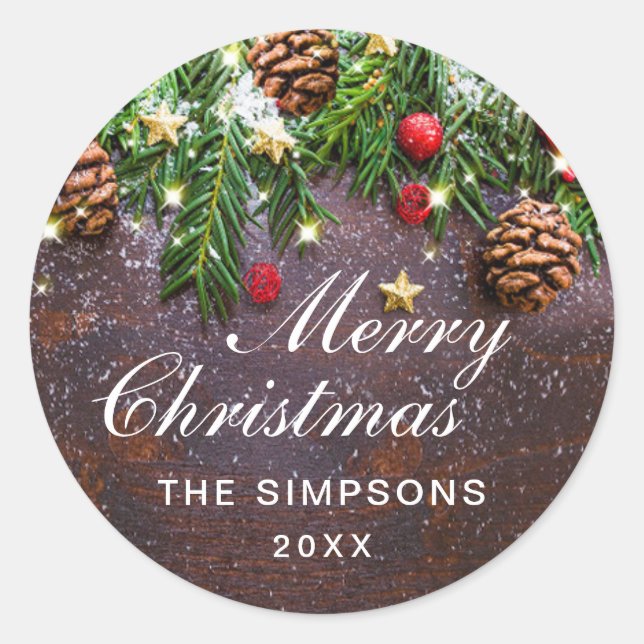 Pine Cones Branch Rustic Merry Christmas Holiday Classic Round Sticker (Front)