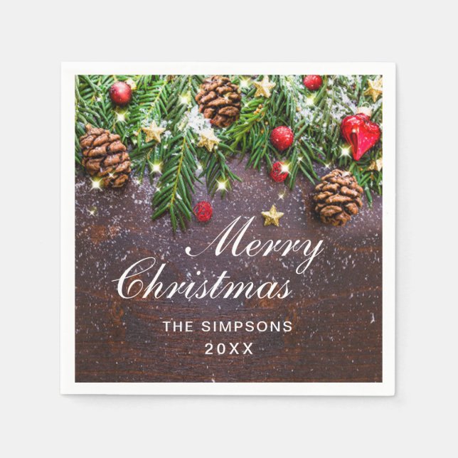Pine Cones Branch Rustic Merry Christmas Holiday Napkins (Front)