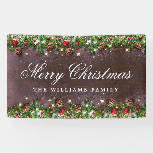 Pine Cones Branch Rustic Wood Merry Christmas Banner