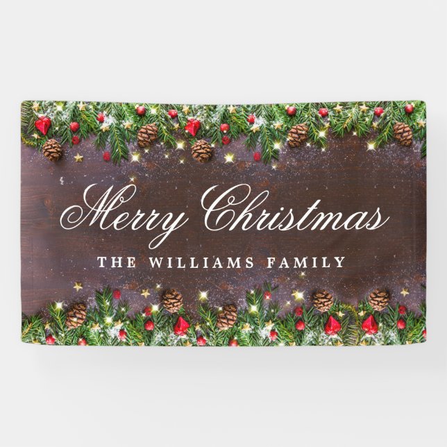 Pine Cones Branch Rustic Wood Merry Christmas Banner (Horizontal)