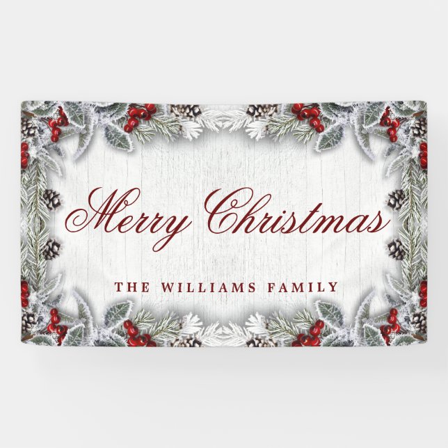 Pine Cones Branch Rustic Wood Merry Christmas Banner (Horizontal)