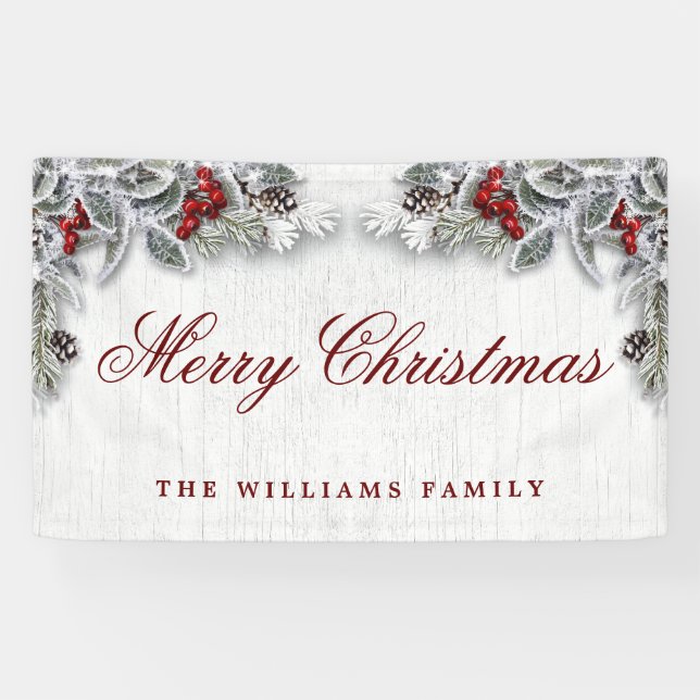 Pine Cones Branch Rustic Wood Merry Christmas Banner (Horizontal)