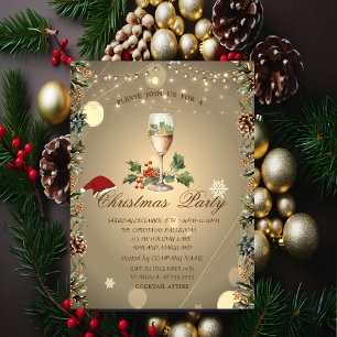 Pine cones,Branches,Santa Hat Champagne Christmas Invitation