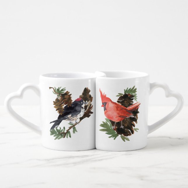 Pine Cones Cardinal and Woodpecker Lovers Mugs (Front Nesting)