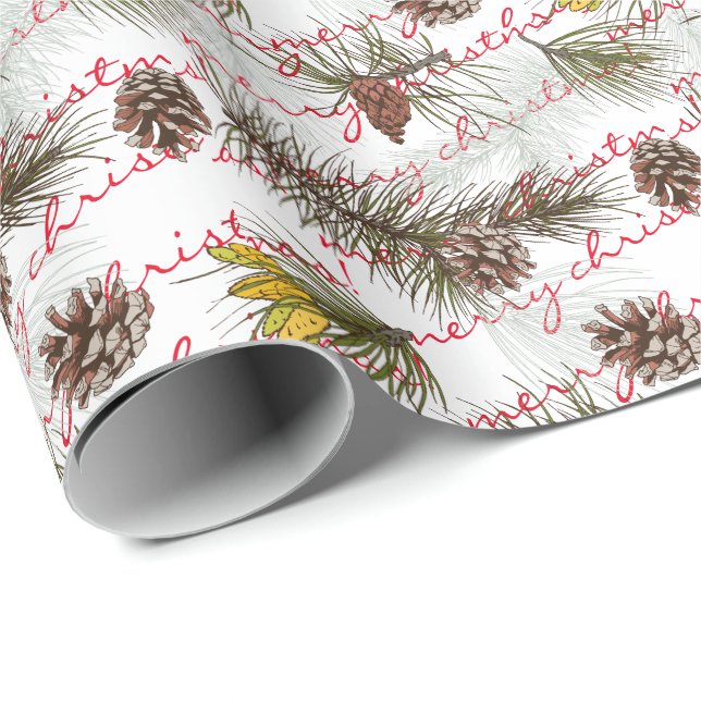 Pine Cones Customize Merry Christmas  Red Text Wrapping Paper (Roll Corner)