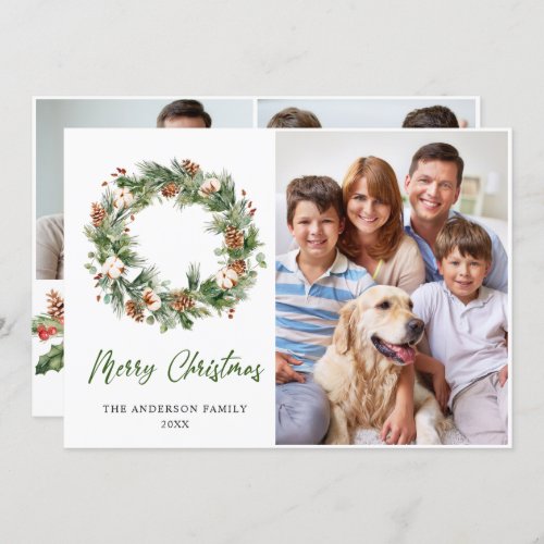 Pine Cones Fir Wreath Christmas Greeting 3 PHOTO Holiday Card