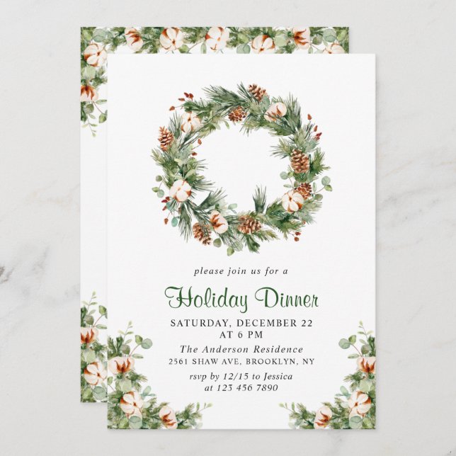 Pine Cones Fir Wreath Christmas Holiday Dinner Invitation (Front/Back)