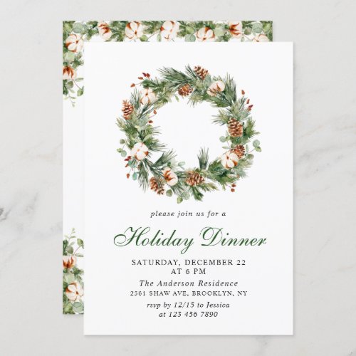 Pine Cones Fir Wreath Christmas Holiday Dinner Invitation