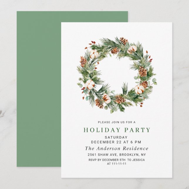 Pine Cones Fir Wreath Holiday Christmas Party Invitation (Front/Back)