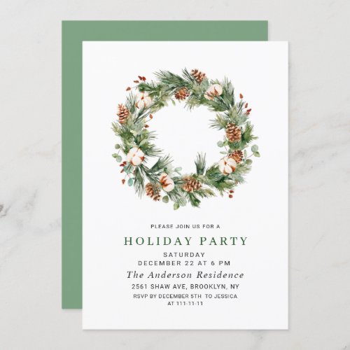 Pine Cones Fir Wreath Holiday Christmas Party Invitation