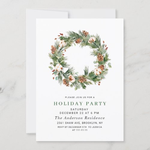 Pine Cones Fir Wreath Holiday Christmas Party Invitation