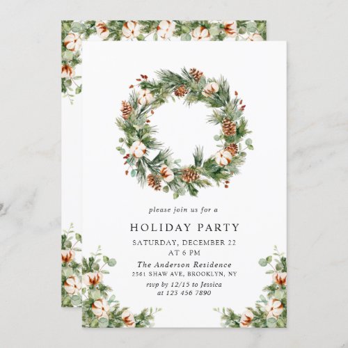 Pine Cones Fir Wreath Holiday Christmas Party Invitation