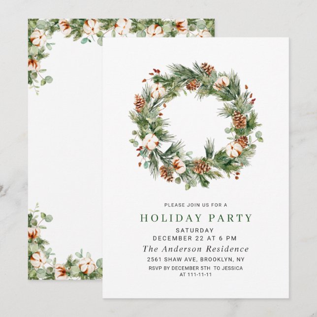 Pine Cones Fir Wreath Holiday Christmas Party Invitation (Front/Back)