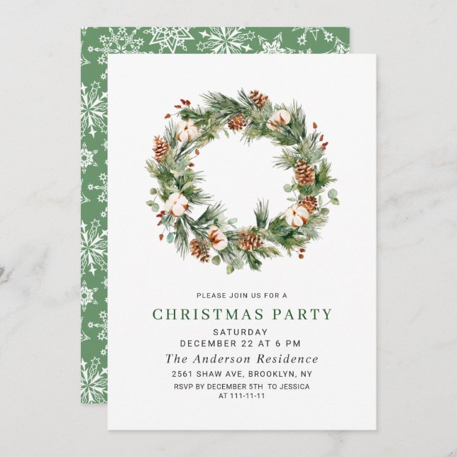 Pine Cones Fir Wreath Holiday Christmas Party Invitation (Front/Back)
