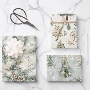 Pine Cones Green Cream Christmas Trees Snowflakes Wrapping Paper Sheets