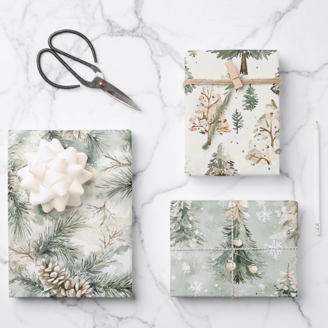 Pine Cones Green Cream Christmas Trees Snowflakes Wrapping Paper Sheets (Front)
