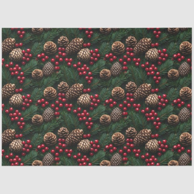 Pine Cones Holly Berries Spruce Sprig Pattern Tissue Paper (Front)