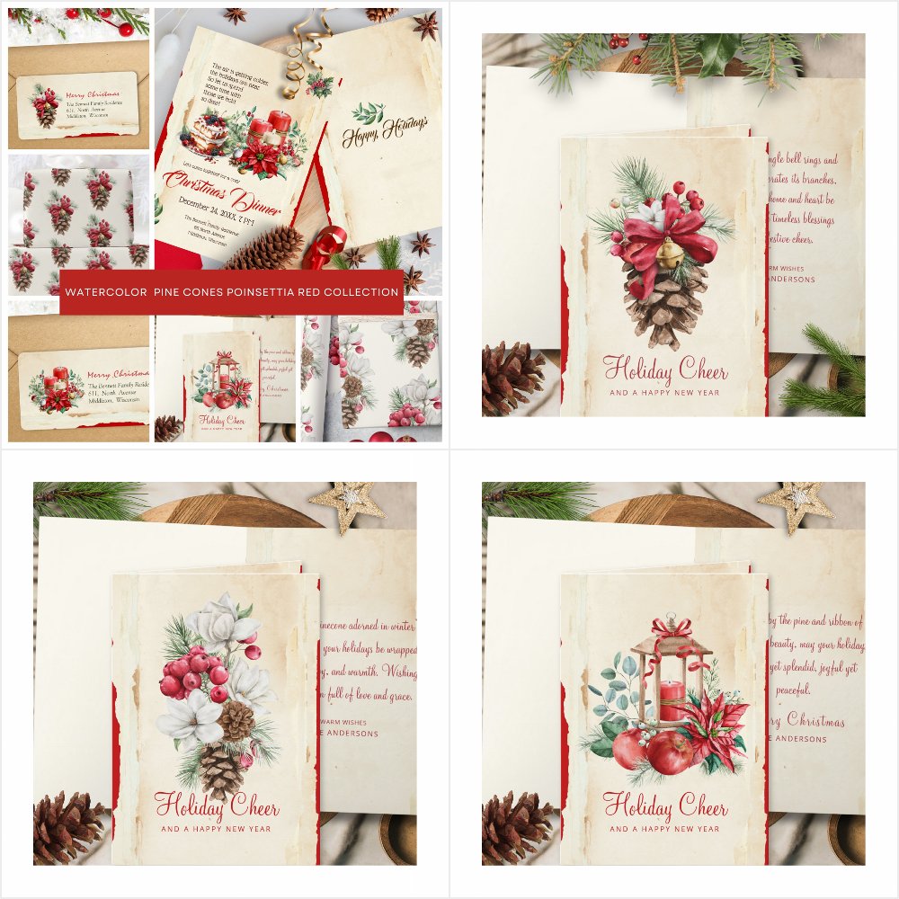 Pine Cones & Holly Berries Vintage Watercolor Xmas