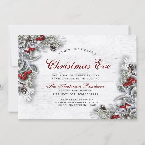Pine Cones Holly Berry Branch Rustic Christmas Eve Invitation