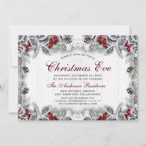 Pine Cones Holly Berry Branch Rustic Christmas Eve Invitation