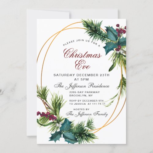 Pine Cones Holly Berry Christmas Holiday EVE Invitation