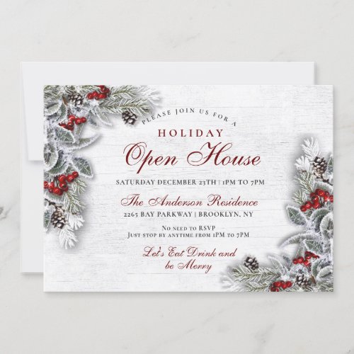 Pine Cones Holly Branch Rustic Holiday Open House Invitation