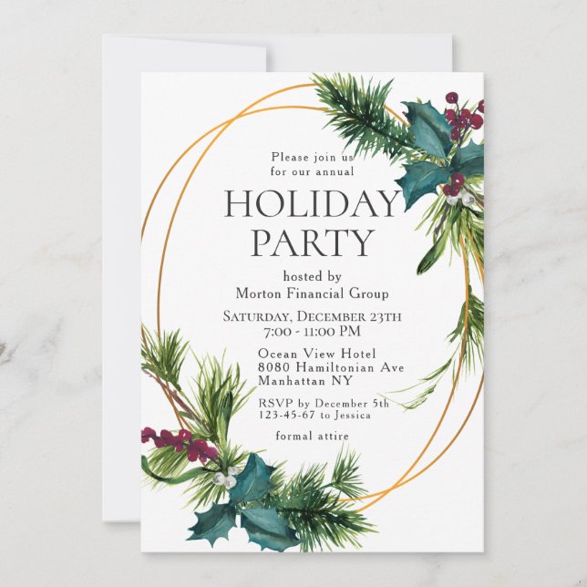 Pine Cones Holly CORPORATE Christmas Holiday Party Invitation (Front)