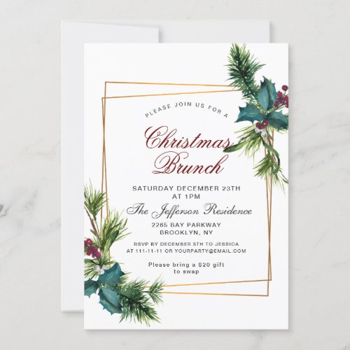 Pine Cones Holly Frame Christmas Holiday BRUNCH Invitation