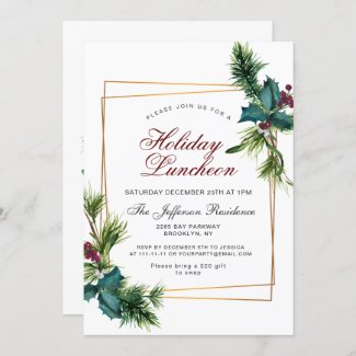Pine Cones Holly Frame Christmas Holiday Luncheon Invitation