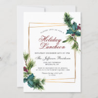 Pine Cones Holly Frame Christmas Holiday Luncheon Invitation