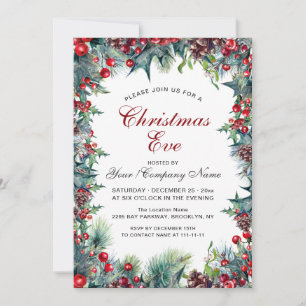 Pine Cones Holly Wreath Christmas Eve Party Invitation