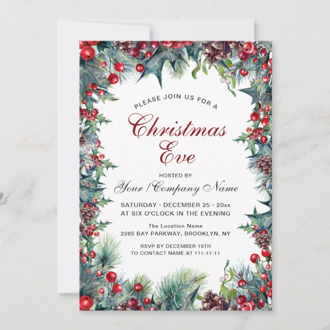 Pine Cones Holly  Wreath Christmas Eve Party Invitation (Front)